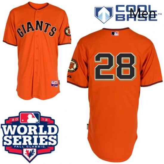 Mens Majestic San Francisco Giants 28 Buster Posey Authentic Orange Cool Base 2012 World Series Patch MLB Jersey